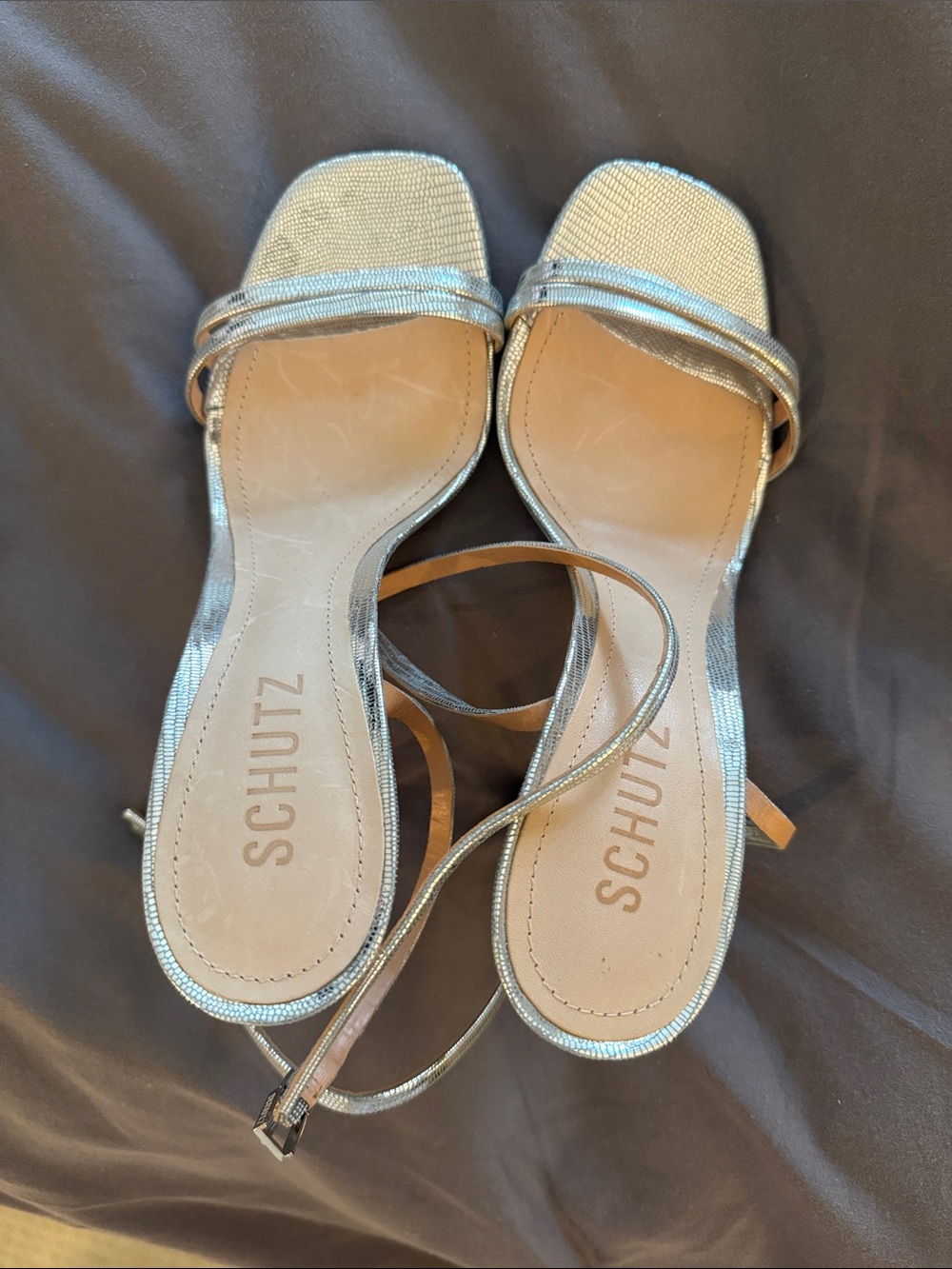 SCHUTZ Silver Metallic Strappy Square-Toe Sandals
